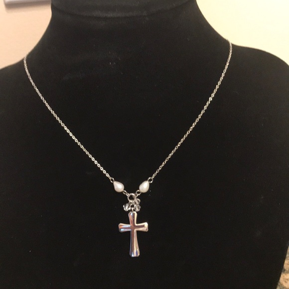 STERLING SILVER CROSS W/FRESHWATER PEARLS CRYSTAL - Picture 6 of 7